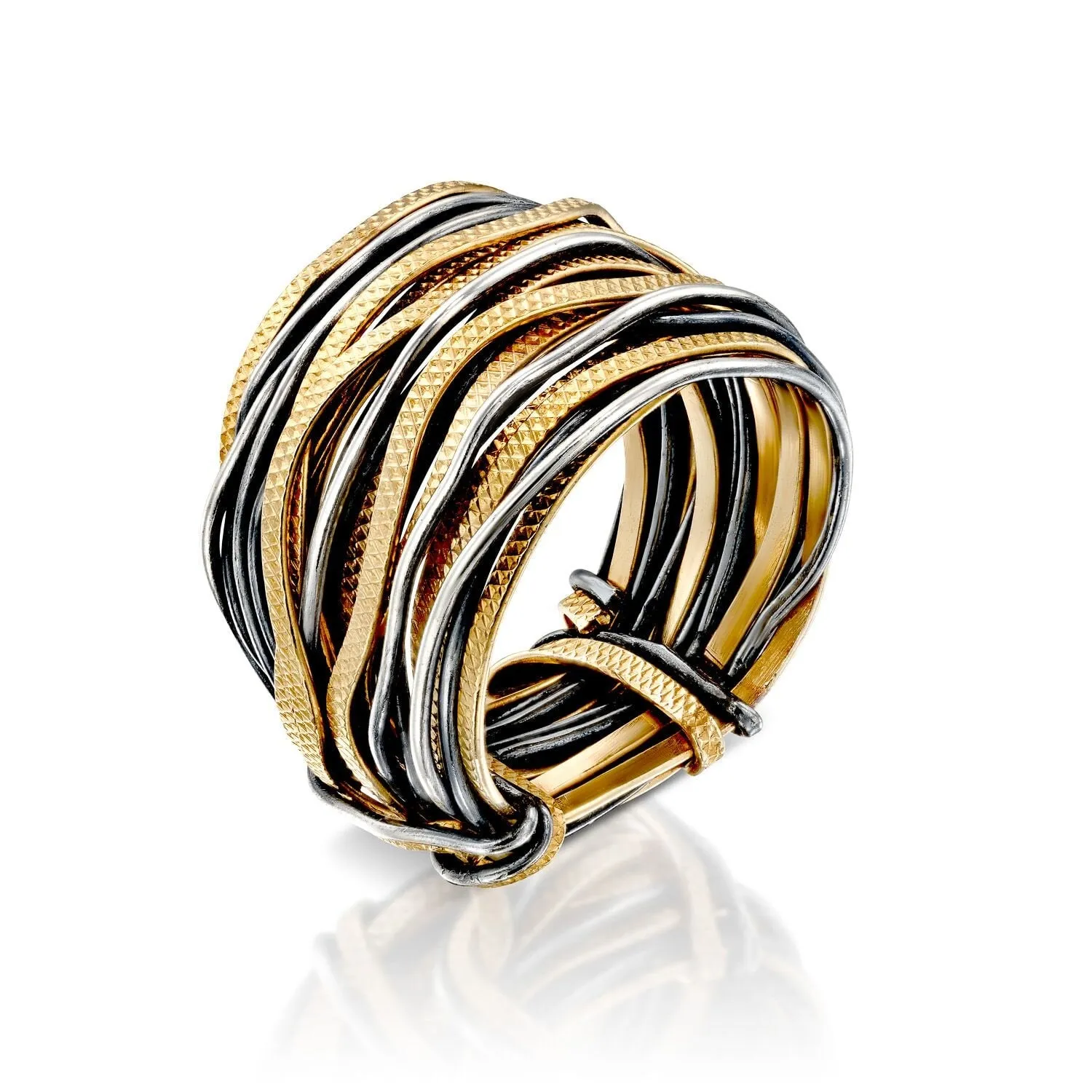 SPIRA Unique Handcrafted  Design 925 Sterling Silver wires Wrap Boho Ring Wide two tone ring