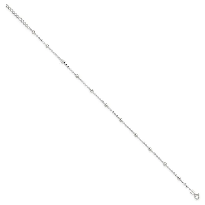 Sterling Silver 1mm Beaded Chain 9in Plus 1in ext. Anklet