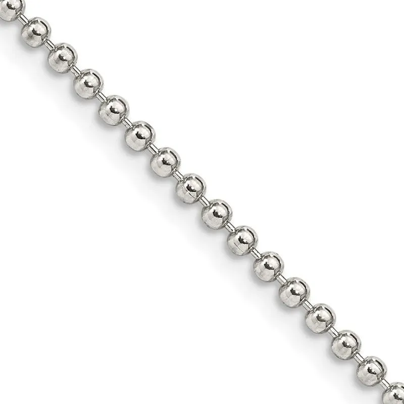 Sterling Silver 2mm Beaded Chain Necklace w/2in ext.