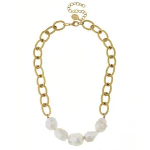 Susan Shaw Gold Textured Loop Chain w/ Genuine Freshwater Baroque Pearls