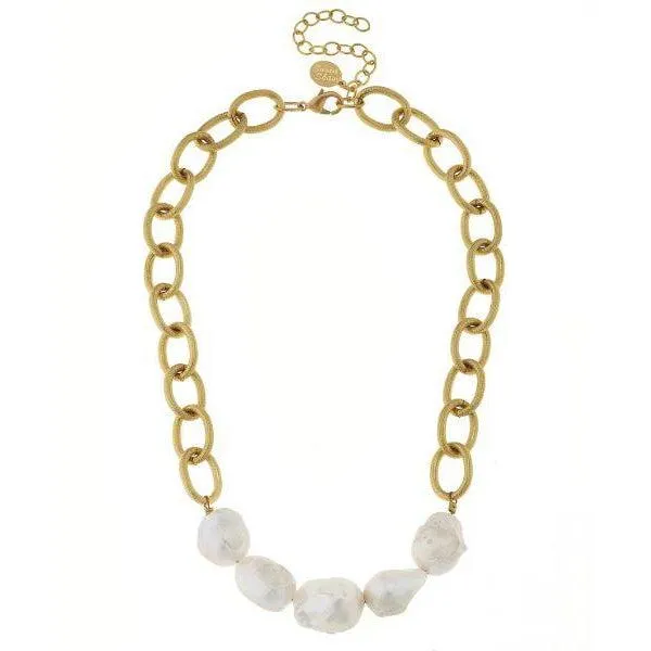 Susan Shaw Gold Textured Loop Chain w/ Genuine Freshwater Baroque Pearls