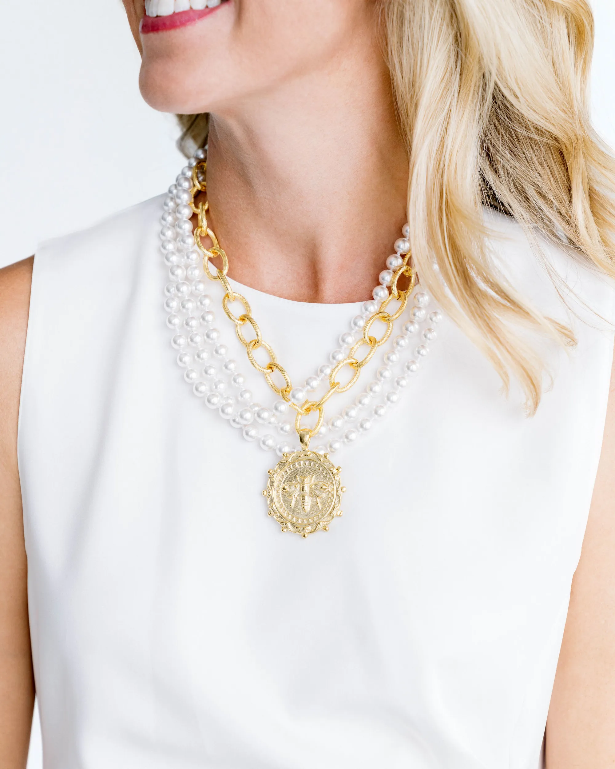 Susan Shaw Large Bee Pendant on Multi Strand Ivory Glass Pearl 16in Necklace