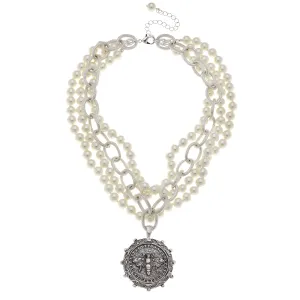 Susan Shaw Large Bee Pendant on Multi Strand Ivory Glass Pearl 16in Necklace