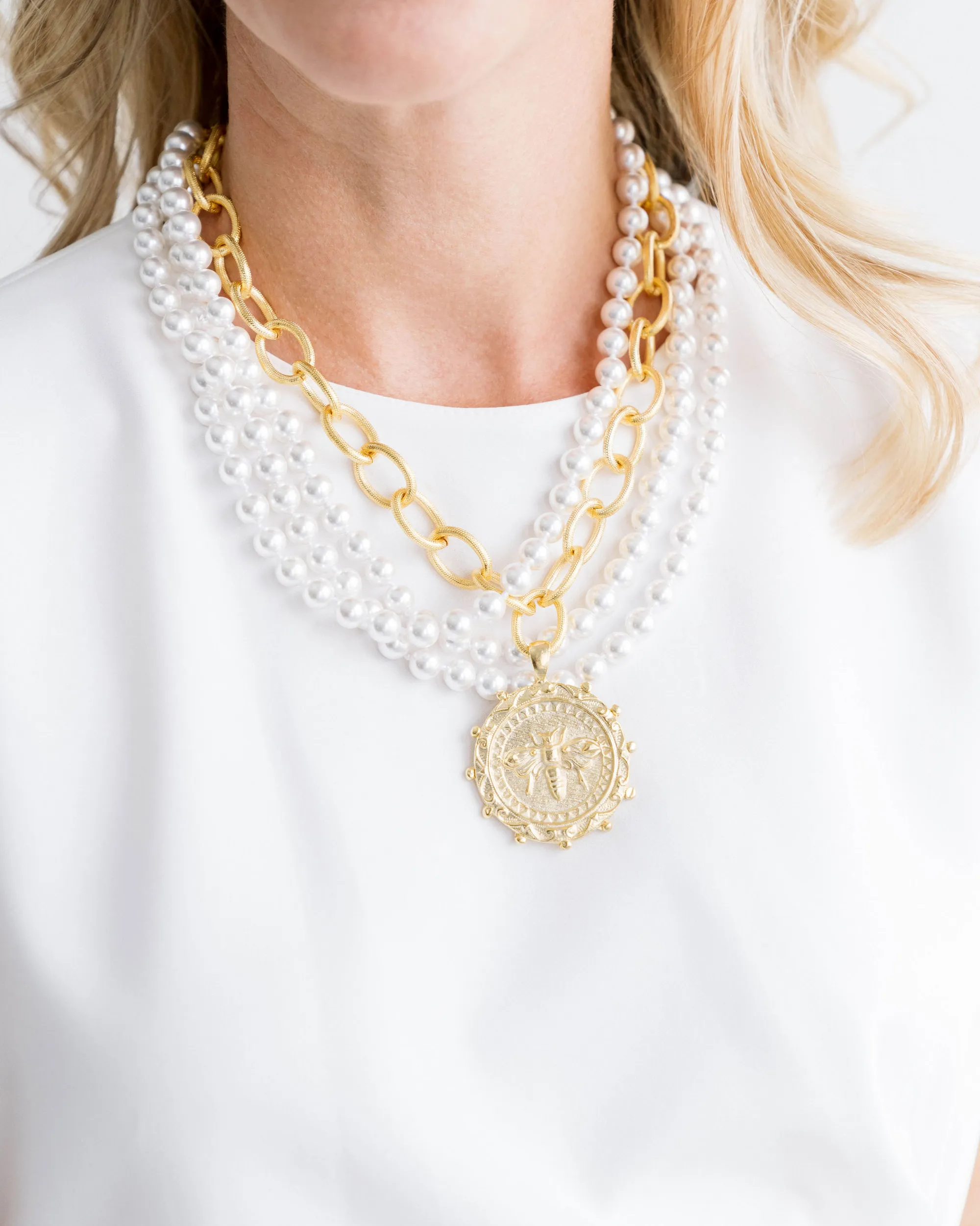 Susan Shaw Large Bee Pendant on Multi Strand Ivory Glass Pearl 16in Necklace