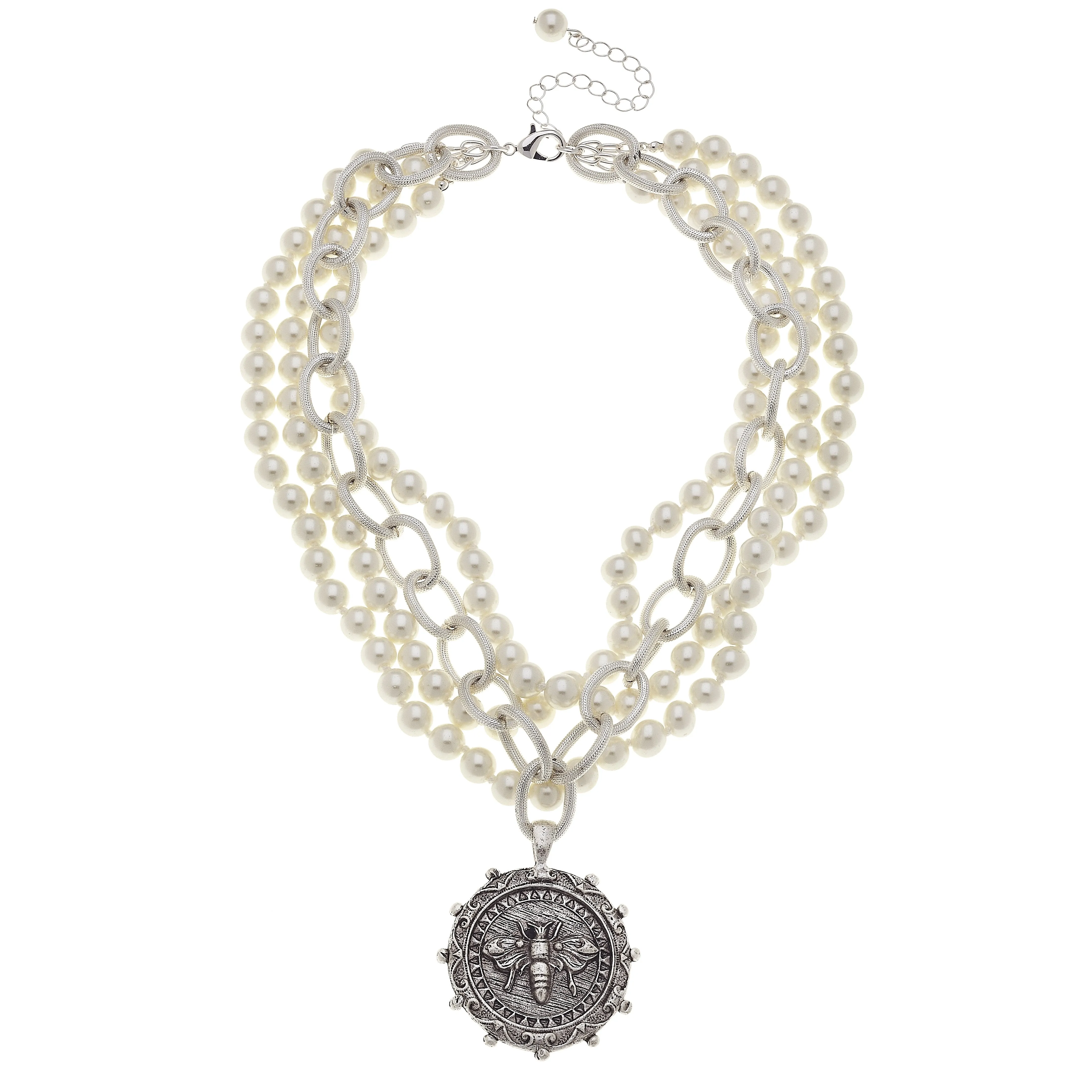 Susan Shaw Large Bee Pendant on Multi Strand Ivory Glass Pearl 16in Necklace
