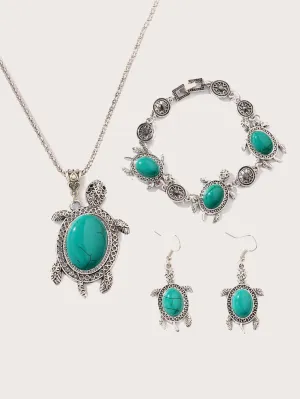 Textured Turtle Charm Necklace & Earrings & Bracelet Bohemian Jewelry Vintage