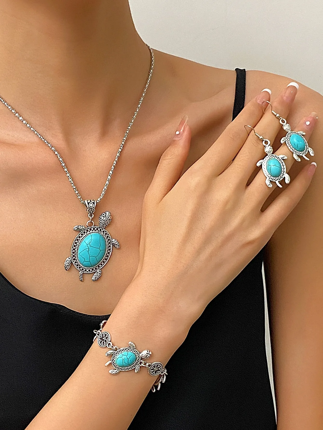 Textured Turtle Charm Necklace & Earrings & Bracelet Bohemian Jewelry Vintage