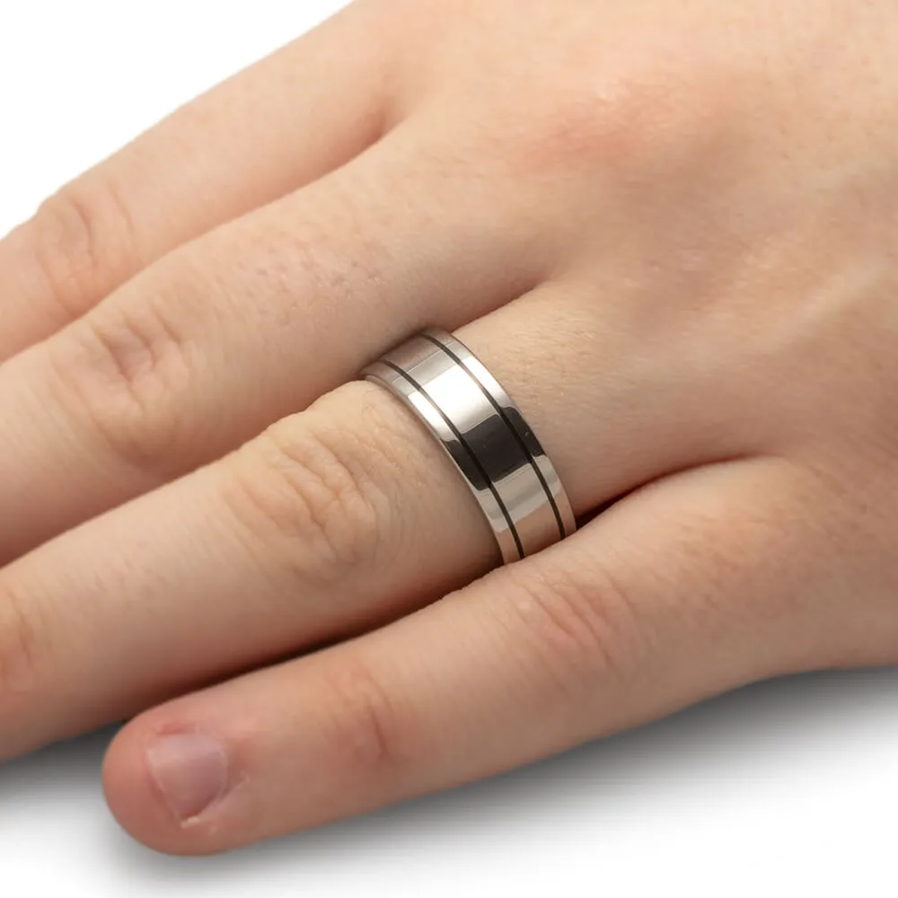Titanium Ring with Black Enamel Pinstripes-1386