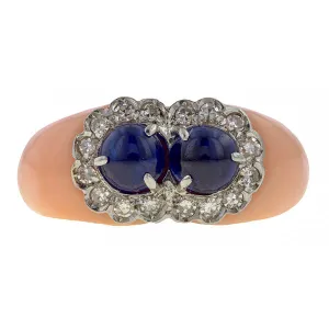Vintage Sapphire & Diamond & Angel Skin Coral Ring