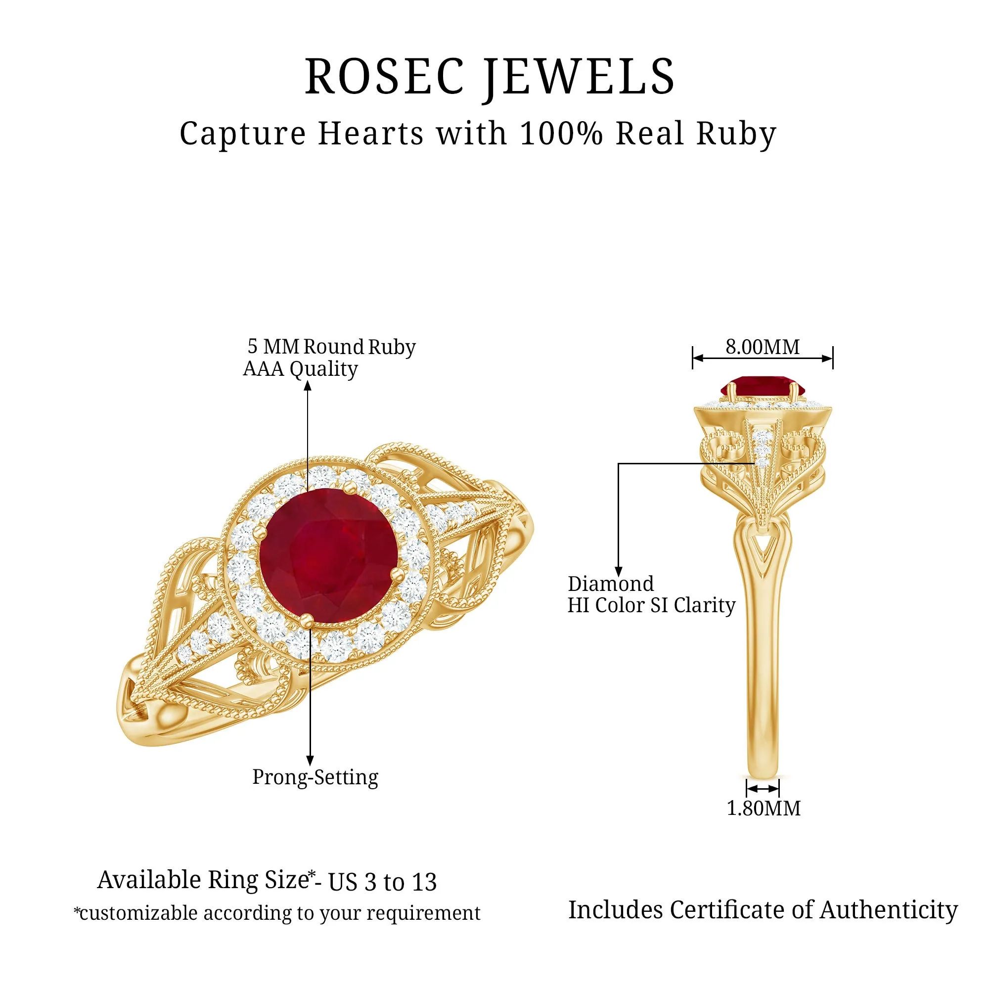 Vintage Style Ruby Engagement Ring with Diamond